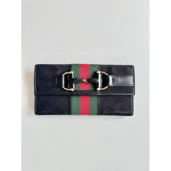 GUCCI 1953 Black Sueded Leather Striped Web Horsebit Continental Flap Wallet - Picture 2 of 16